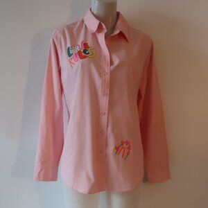 NWT Womens Bululu Love Rules Pink Button Down Shirt L